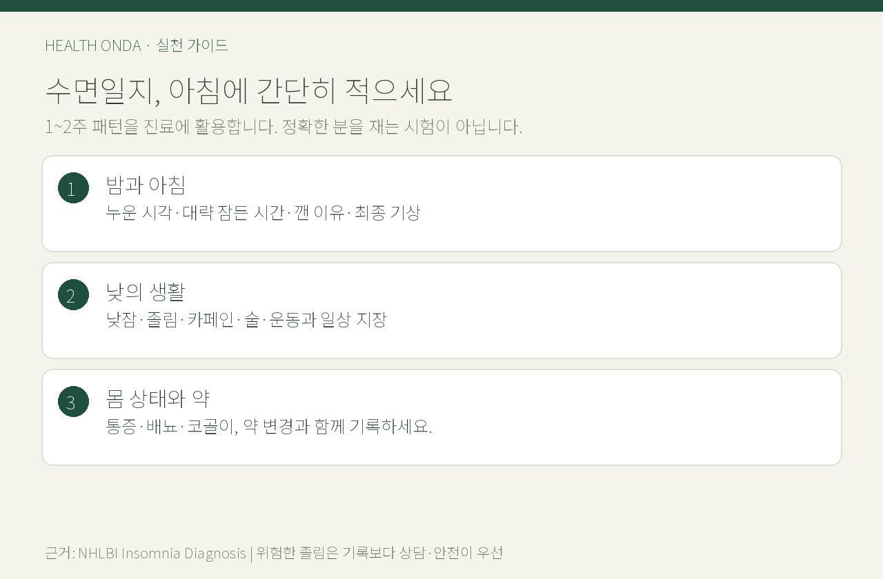 밤과 아침, 낮의 생활, 몸 상태와 약을 적는 수면일지 안내