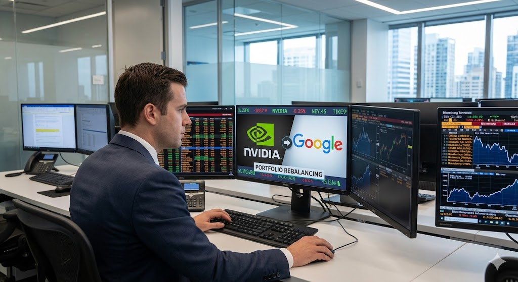 펀드매니저가 모니터를 보며 AI 주도주(엔비디아 -> 구글)를 빠르게 교체(스위칭)하는 모습
