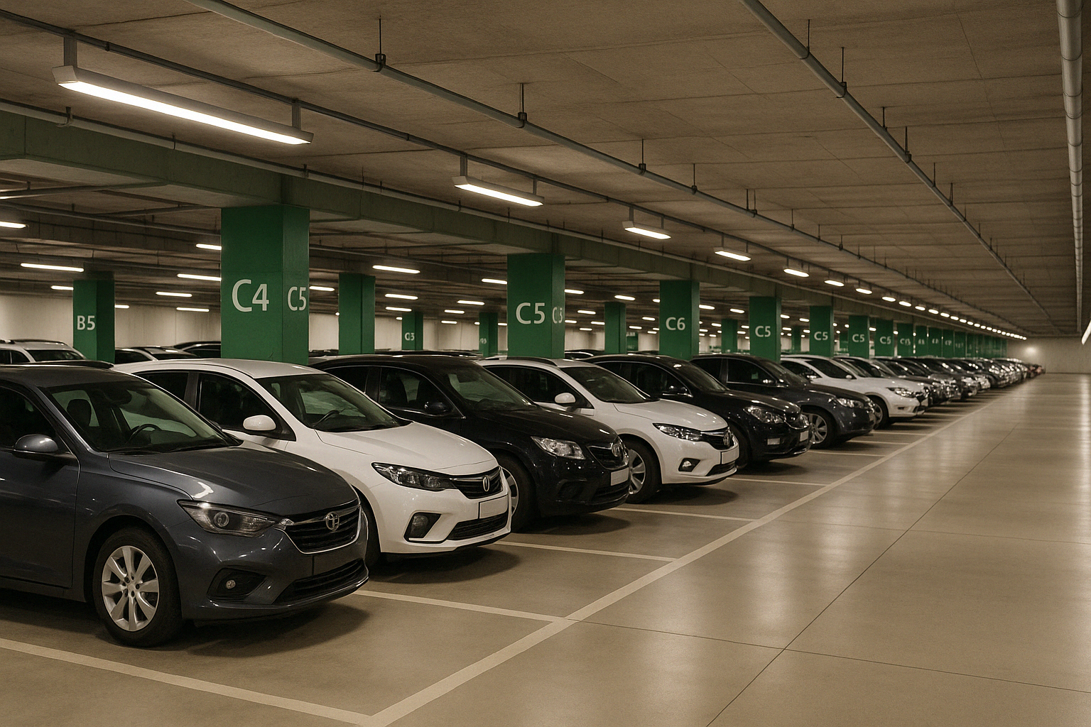실내 주차장 C구역에 질서 있게 주차된 다양한 승용차들의 모습