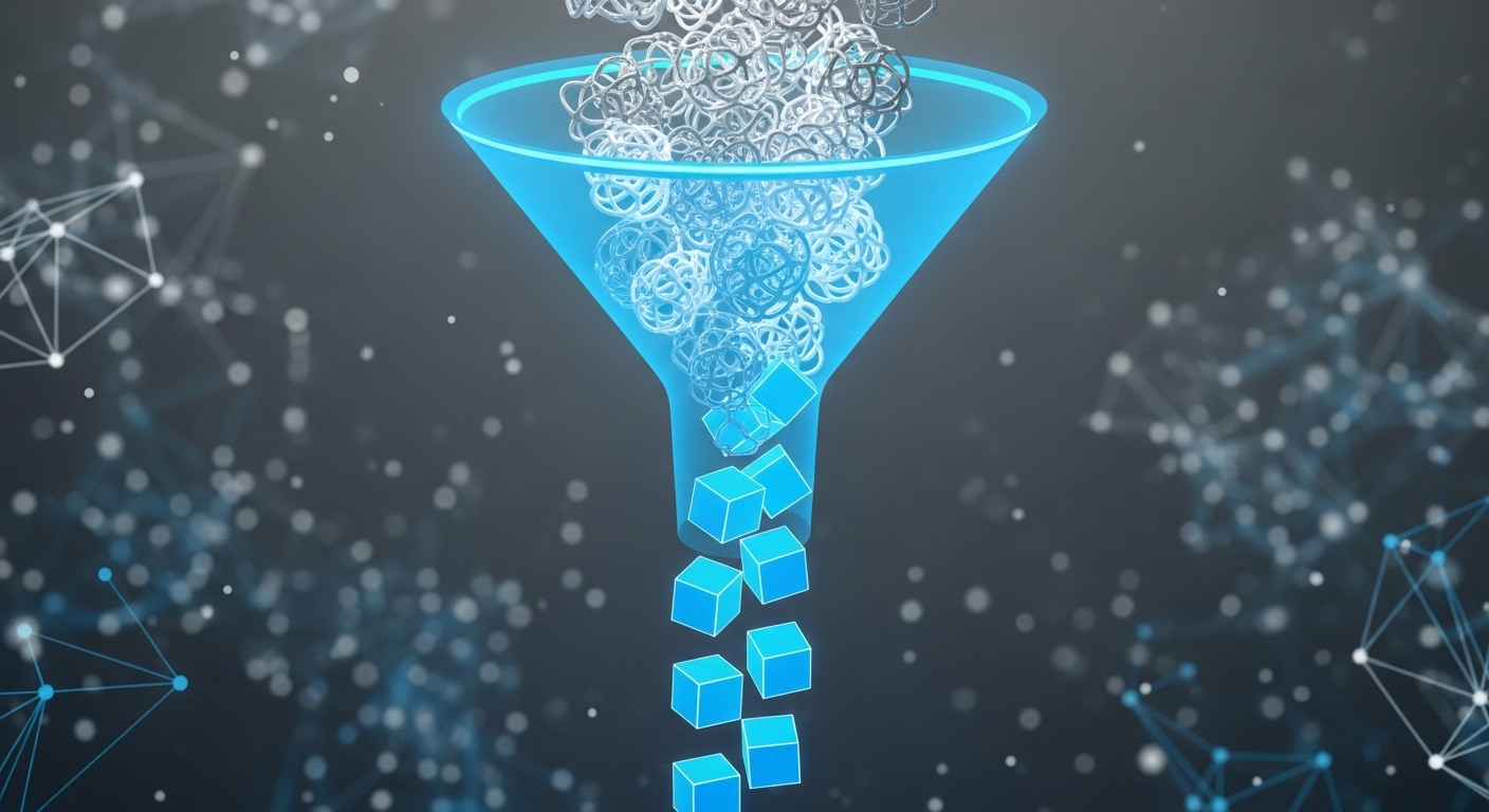 정교하게 데이터 흐름을 걸러내는 푸른색 디지털 필터. 유튜브 쇼츠가 특정 타깃 시청자를 선별하는 과정을 상징합니다.