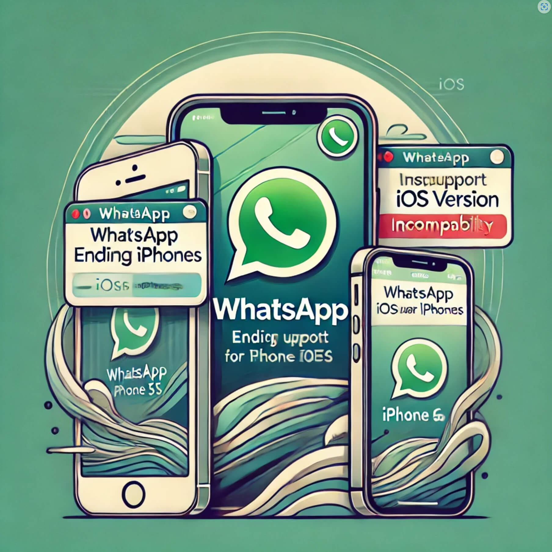 WhatsApp 지원 중단을 알리는 시각적 이미지. 중앙에는 WhatsApp 로고가 있는 스마트폰이 있으며, 화면에는 'iOS 버전 호환 불가'와 같은 알림 메시지가 표시되어 있다. 배경에는 iPhone 5s와 iPhone 6 같은 구형 모델이 함께 나타나며, 소프트웨어 업데이트 경고와 지원 종료 메시지가 강조되어 있다. 깨끗하고 현대적인 디자인의 구성을 통해 정보 전달이 명확하게 이루어짐