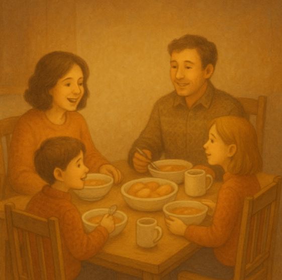 나무 식탁에 둘러 앉은 어머니, 아버지, 아들과 딸, 네 가족 모두가 서로를 바라보며 웃고 이야기하는 모습