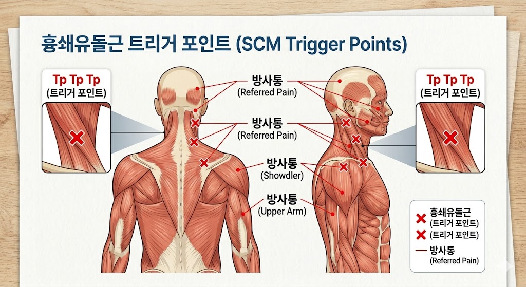 흉쇄유돌근(SCM) 트리거 포인트와 방사통 지도