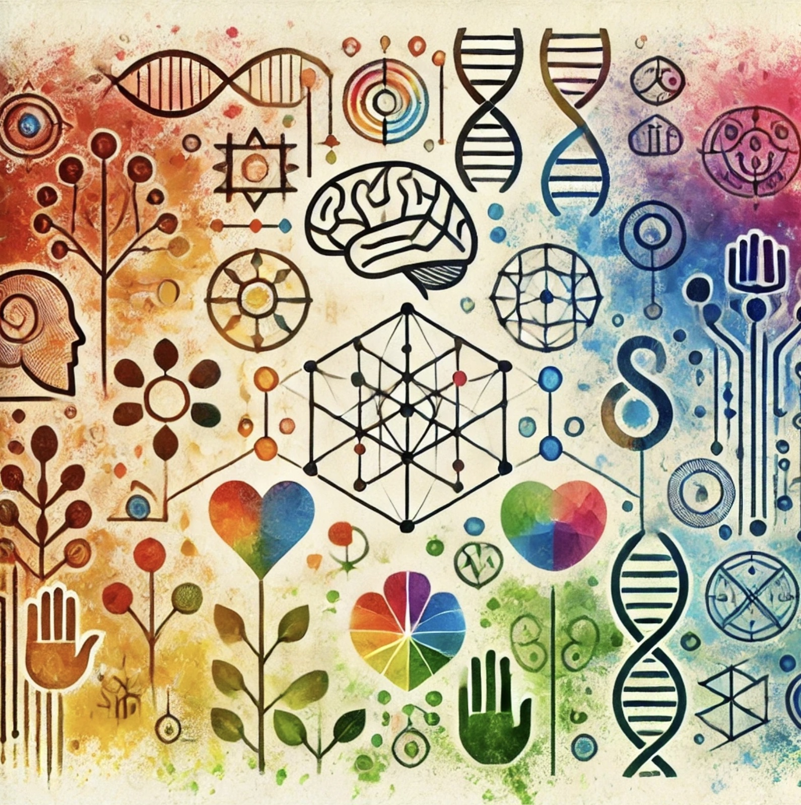 도덕성 발달과 문화적 영향을 상징적으로 표현한 다양한 아이콘과 색상의 그림