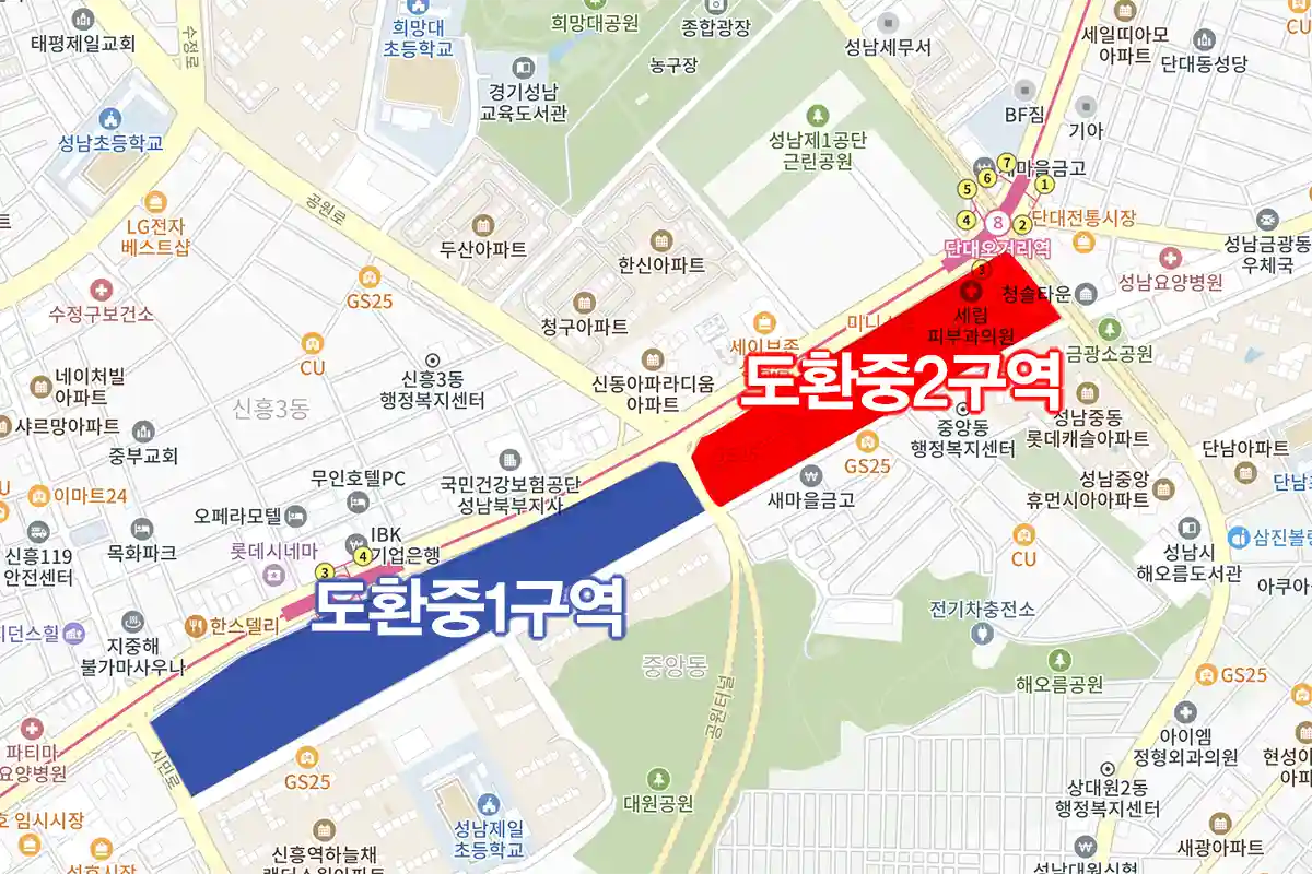 도화중1구역-파란색-도화중2구역-빨간색-사업지-위치