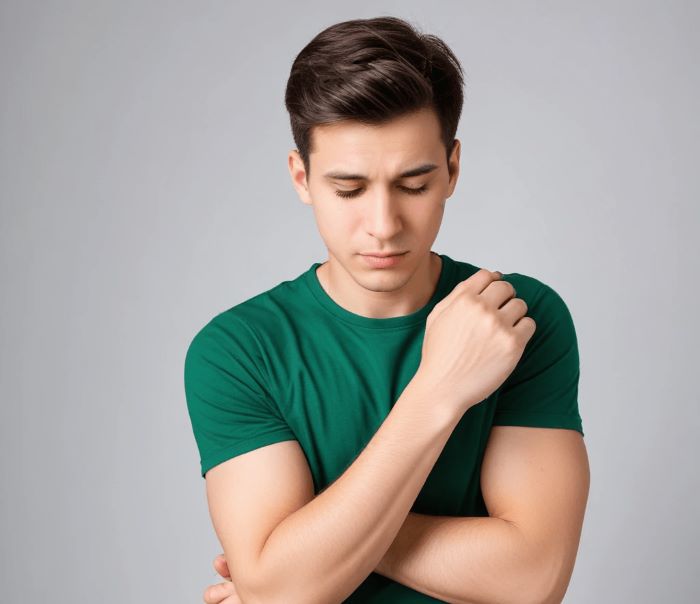 젊은 여성이 스트레스로 인한 알레르기로 몸을 긁고 있다.