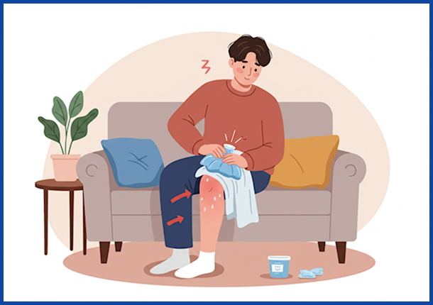한 사람이 소파에 편안하게 앉아&amp;#44; 수건으로 감싼 얼음 주머니를 무릎에 대고 냉찜질하며 휴식을 취하고 있는 따뜻한 분위기의 벡터 일러스트.