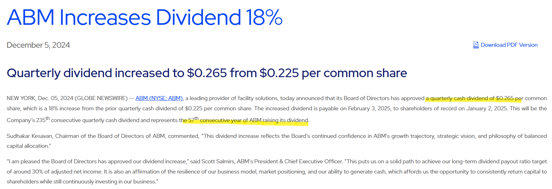 ABM 인더스트리즈(ABM industries, ABM) 분기배당 0.265달러 57년 연속 배당성장 보도자료