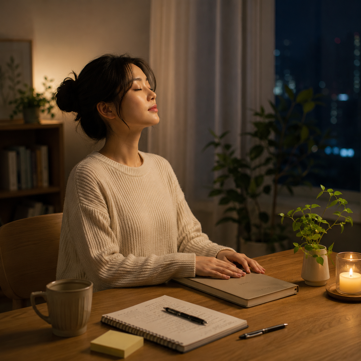 책상 앞에 앉아 책상 위 다이어리를 덮고 눈을 감고 있는 사람. 커피잔, 메모지, 노트, 볼펜, 향초