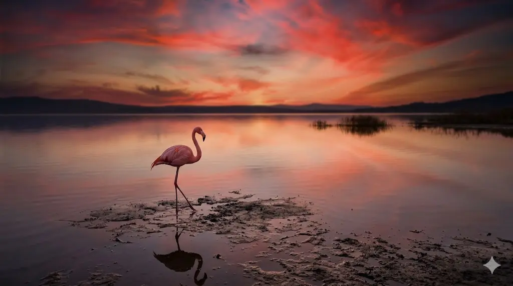 붉게 물든 저녁 노을을 배경으로 고요하고 넓은 호수 위에 붉은 홍학 한 마리가 무리와 떨어져 홀로 위태롭게 서 있는 모습