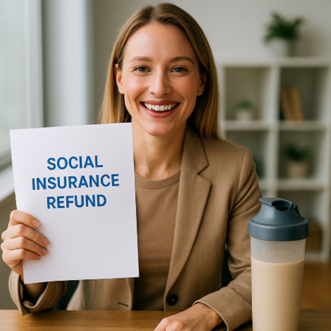 사회보험 환급금 서류를 들고 미소 짓는 사람과 테이블 위의 단백질 쉐이크