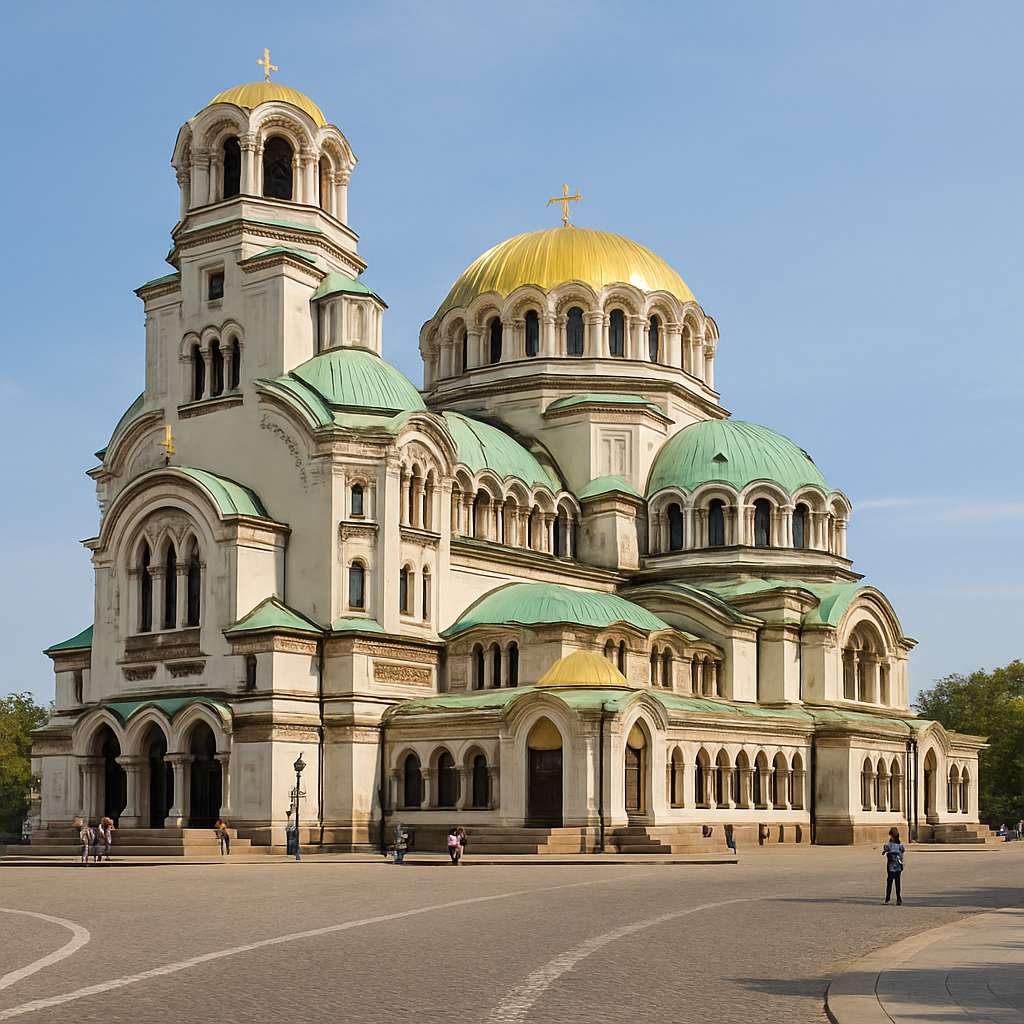 불가리아 소피아의 알렉산더 넵스키 대성당 전경과 파란 하늘 아래 펼쳐진 고풍스러운 돔 건축물