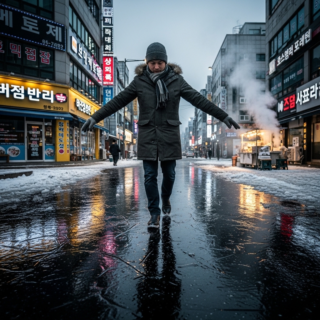 주머니에서 손을 빼고 조심스럽게 블랙아이스 위를 걷는 보행자의 모습