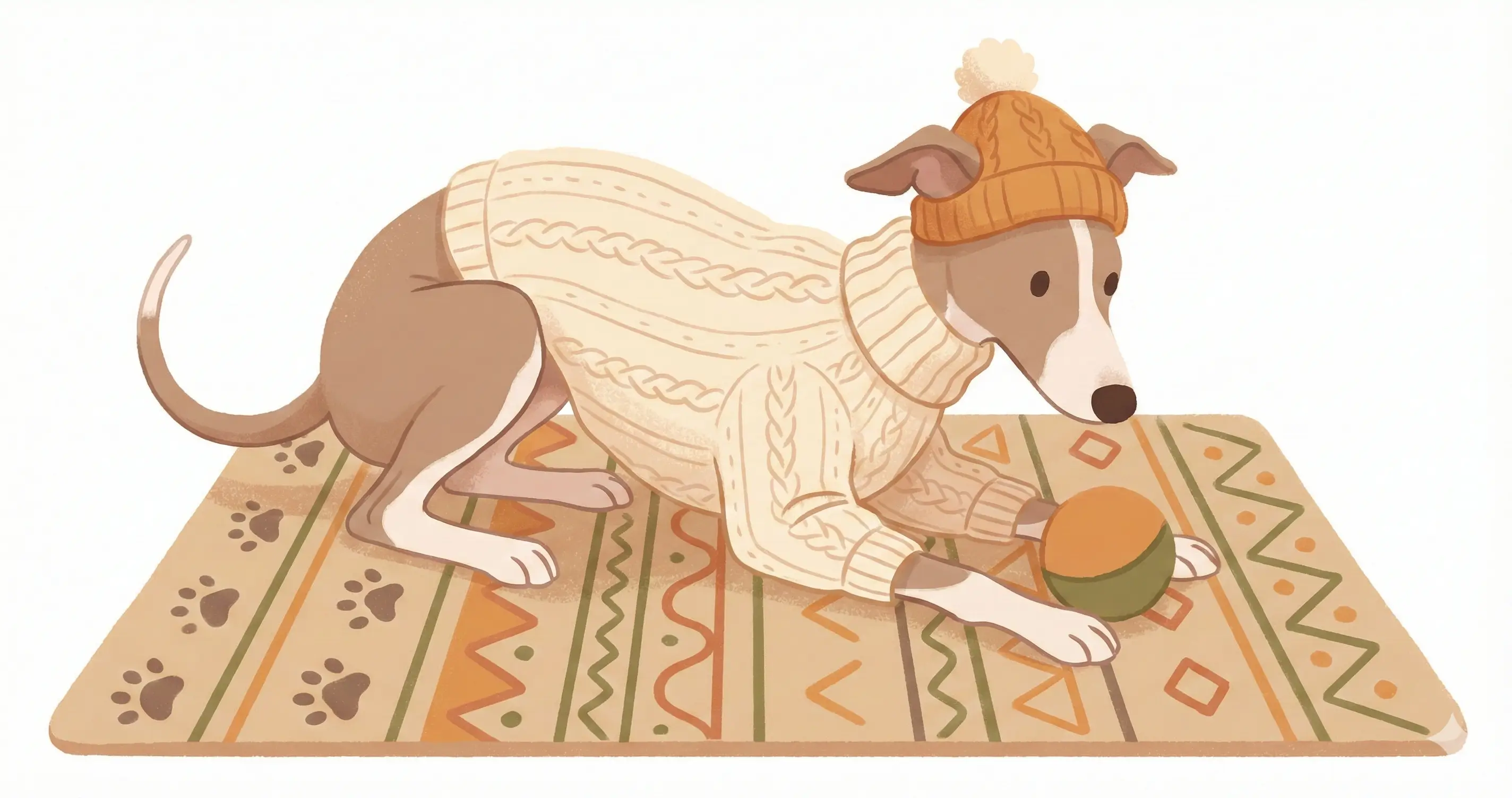 다리 보호를 위해 미끄럼 방지 매트 위에서 놀고 있는 IG와 따뜻한 옷을 입은 모습