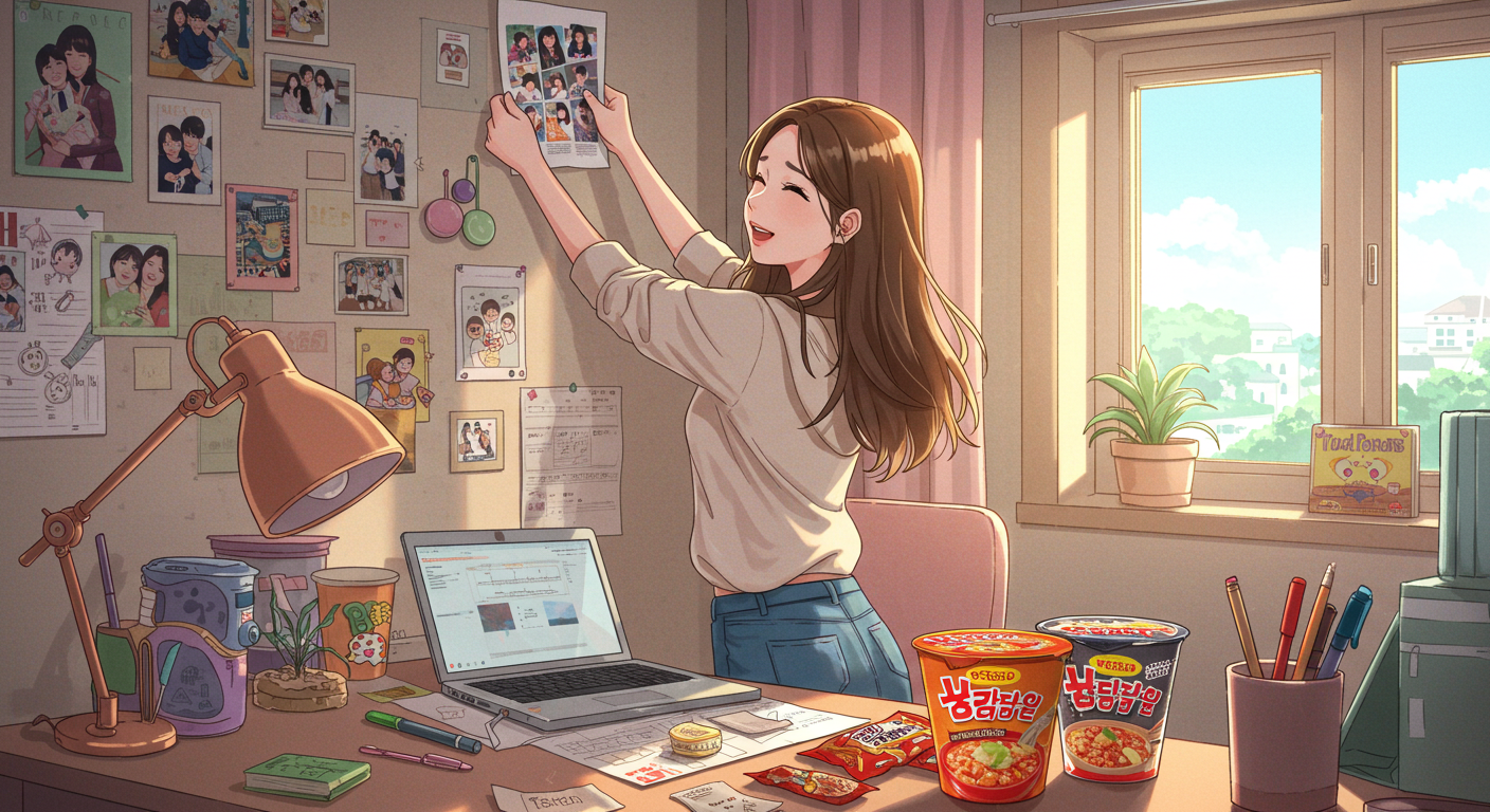 한 사람이 낯선 자신의 방을 가족사진과 한국 음식 등으로 꾸미며 향수병을 극복하는 모습.