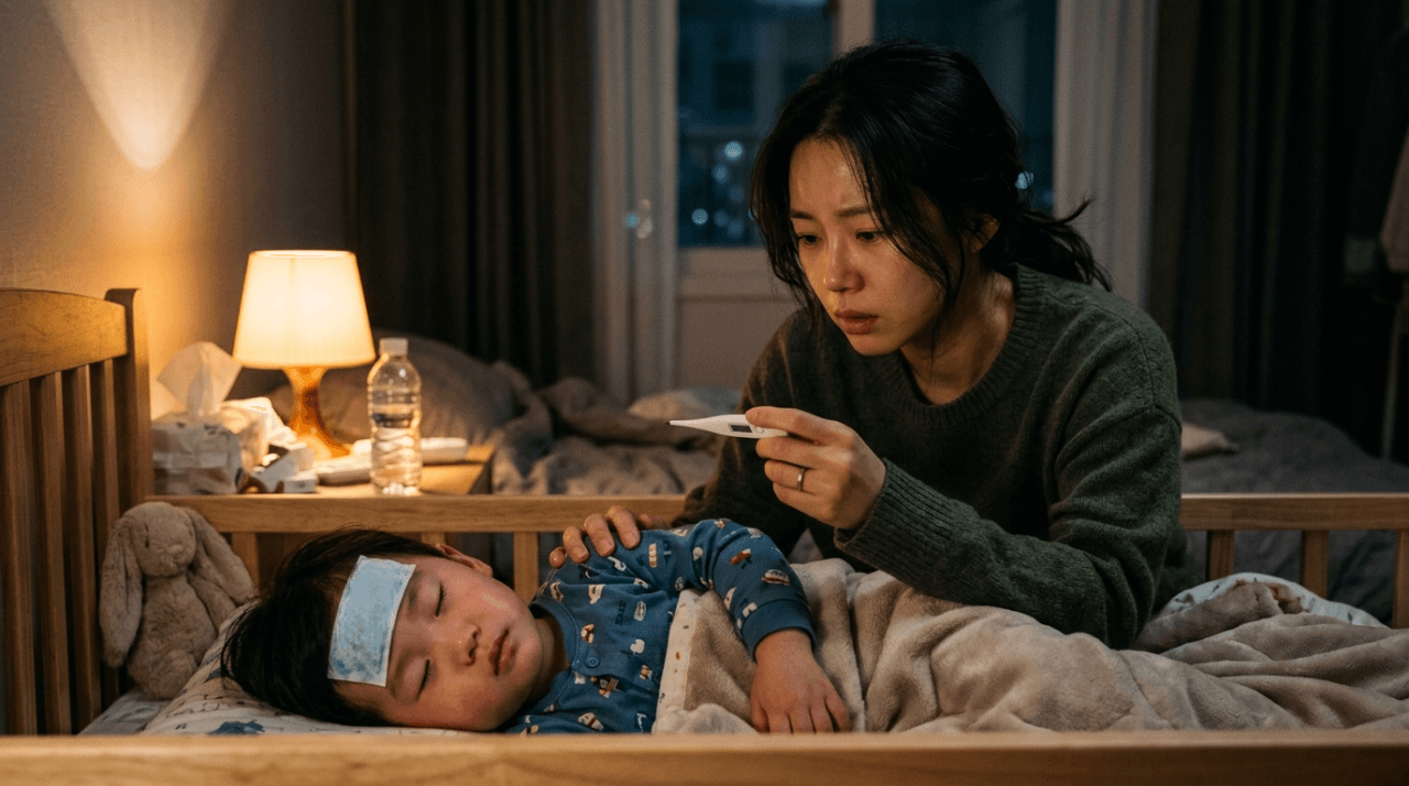 밤에 열이 나는 아이를 간호하며 걱정하는 엄마의 모습, 아이 아플 때 받을 수 있는 지원 총정리