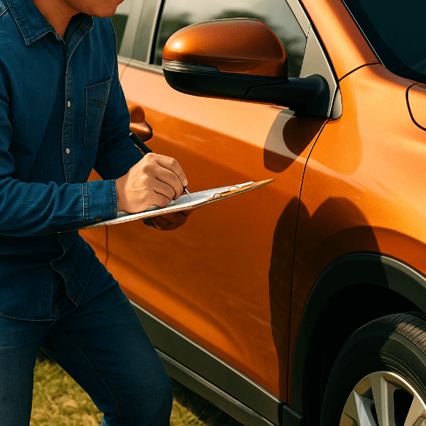 중고차 점검 중인 사람과 차량 측면 클로즈업