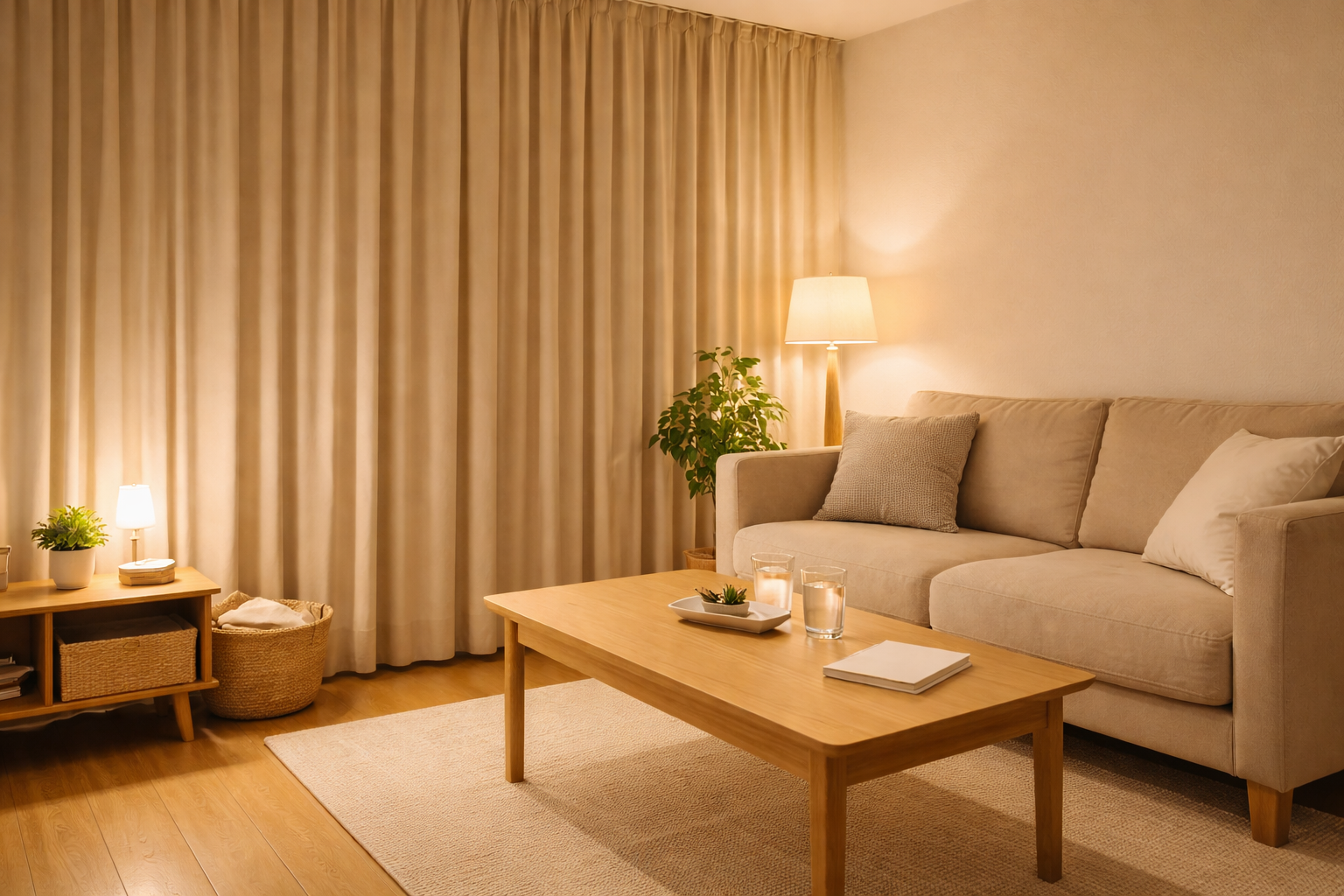 밤에 불을 환하게 켜 둔 거실 풍수 환경