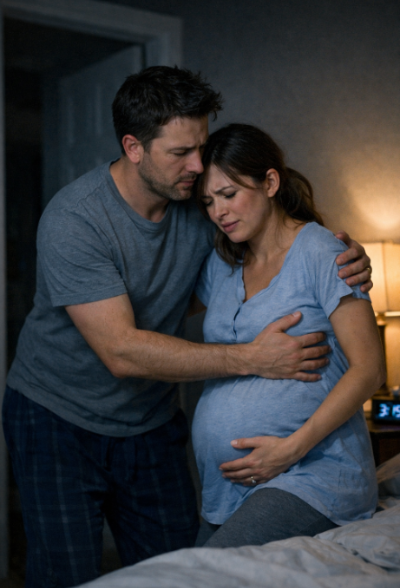 밤중에 놀라 임신한 아내를 부축하는 남편 이미지