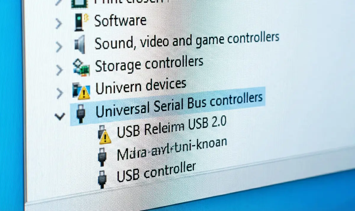윈도우 장치 관리자 화면에서 USB 컨트롤러 항목을 확인하는 모니터 화면