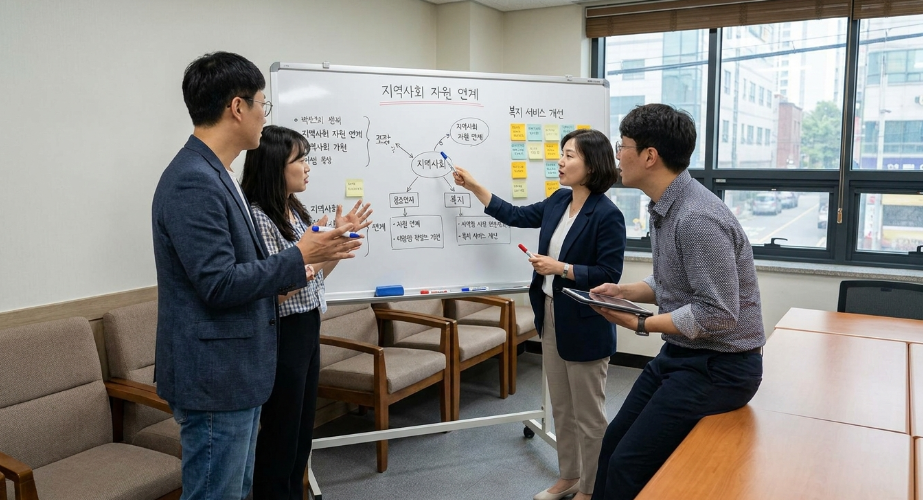 화이트보드 앞에서 팀원들과 복지 프로그램 기획 회의를 열정적으로 진행