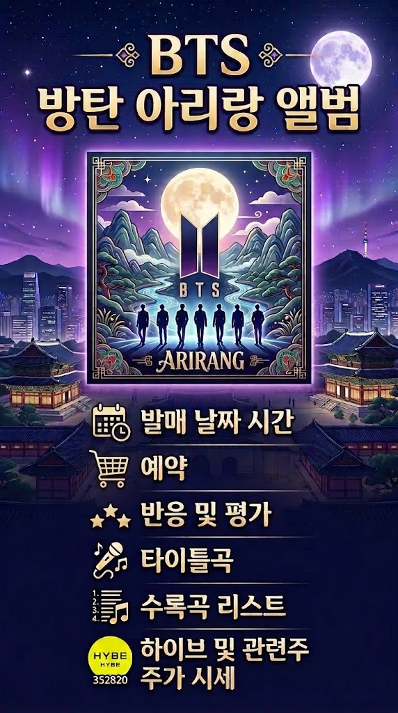 BTS 방탄 아리랑 앨범 발매 날짜 시간, 예약, 반응 및 평가, 타이틀곡, 수록곡 리스트, 하이브 및 관련주 주가 시세