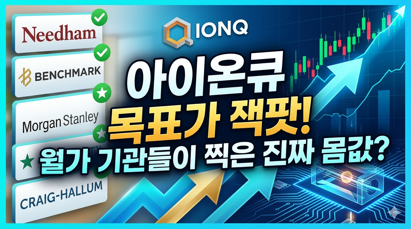 상승하는 화살표와 아이온큐 로고, 월스트리트 기관들의 로고가 배치된 주가 분석 이미지