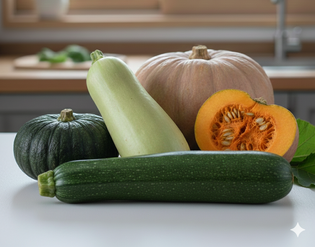 비타민과 식이섬유가 풍부한 건강 식재료, 속이 꽉 찬 선명한 빛깔의 늙은호박, 애호박, 단호박, 주키니