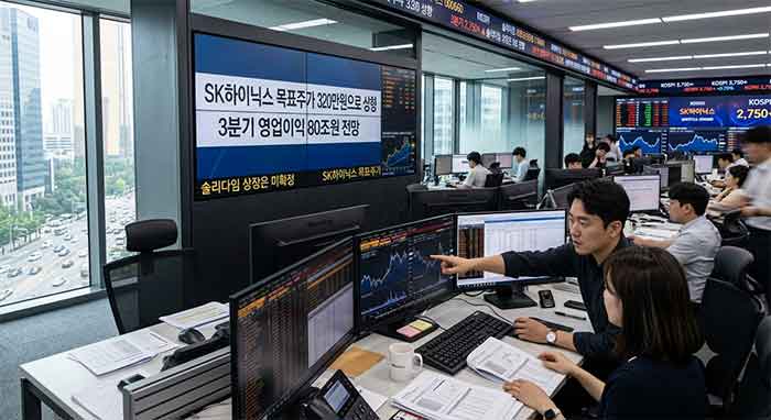 증권사 트레이딩룸의 모니터와 대형 스크린에 표시된 주식 관련 정보.