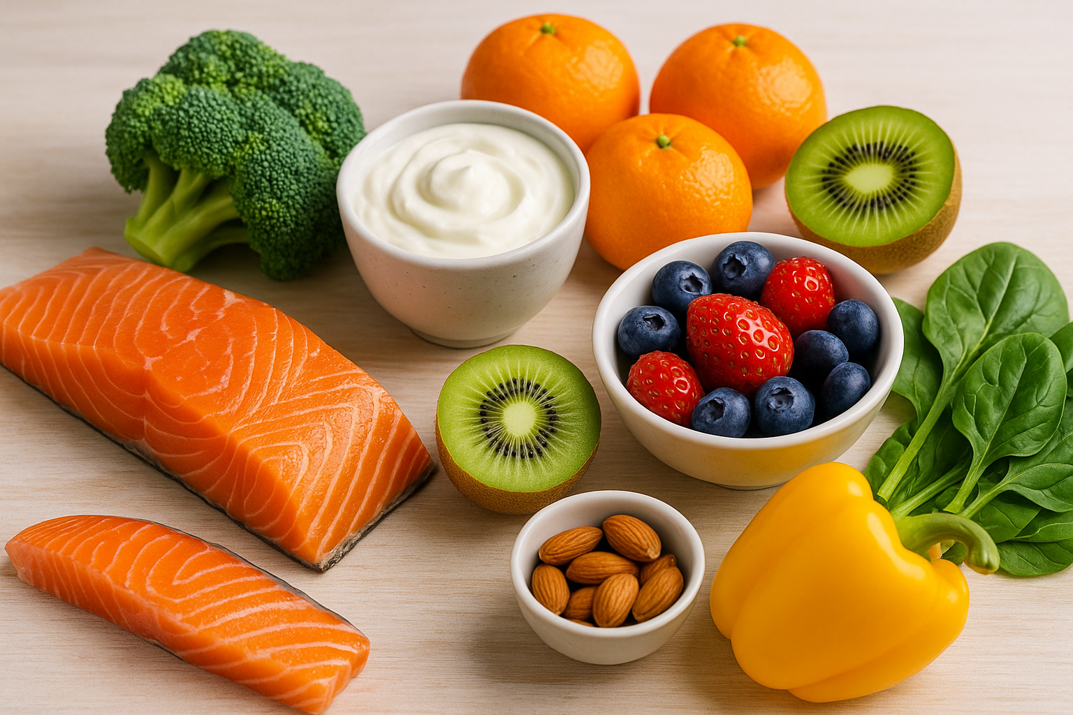 면역력에 좋은 과일, 채소, 발효식품, 견과류, 등푸른 생선이 놓인 식탁