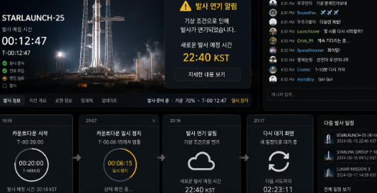 로켓 발사 라이브 화면 속 반복되는 카운트다운 정지와 발사 연기 알림으로 채팅방에 반응이 오는 민간 우주 발사 대기 장면