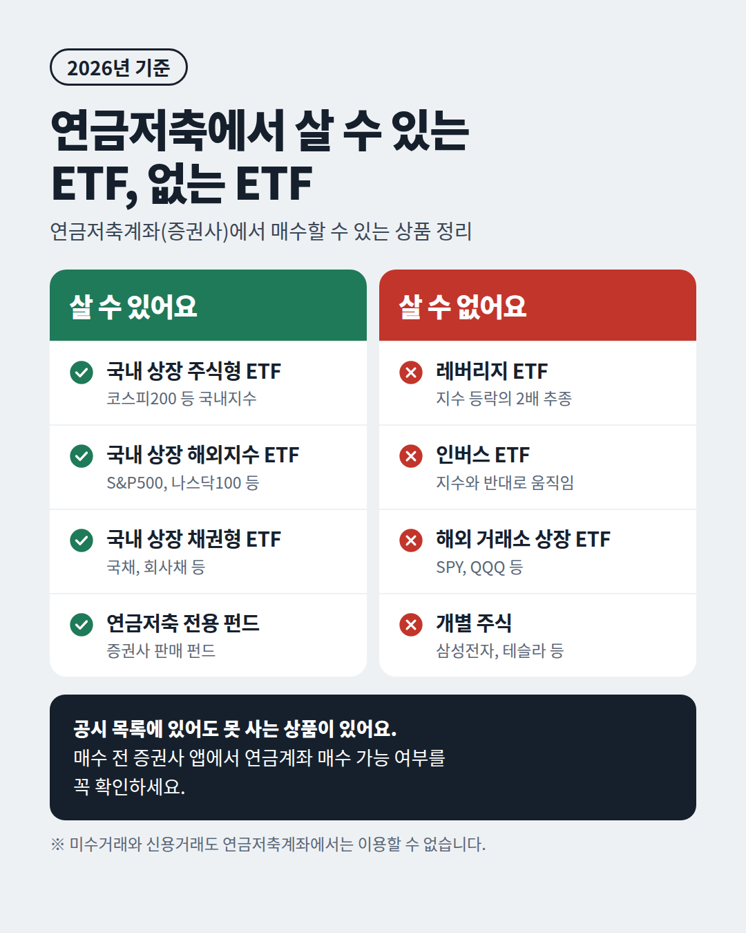 연금저축계좌에서 살 수 있는 ETF와 살 수 없는 ETF 비교