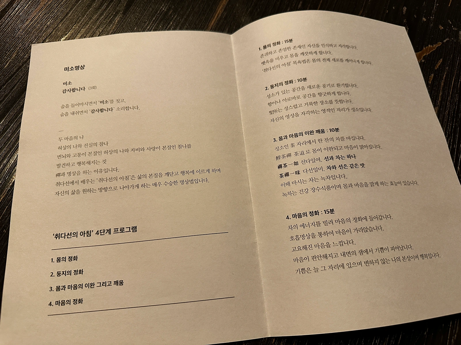 취다선의아침-4단계프로그램안내-1.몸의정화-2.둥지의정화-3.몸과마음의이완그리고깨움-4.마음의정화-라고안내한다-실제체험이라기보다-명상프로그램안내에가까웠다