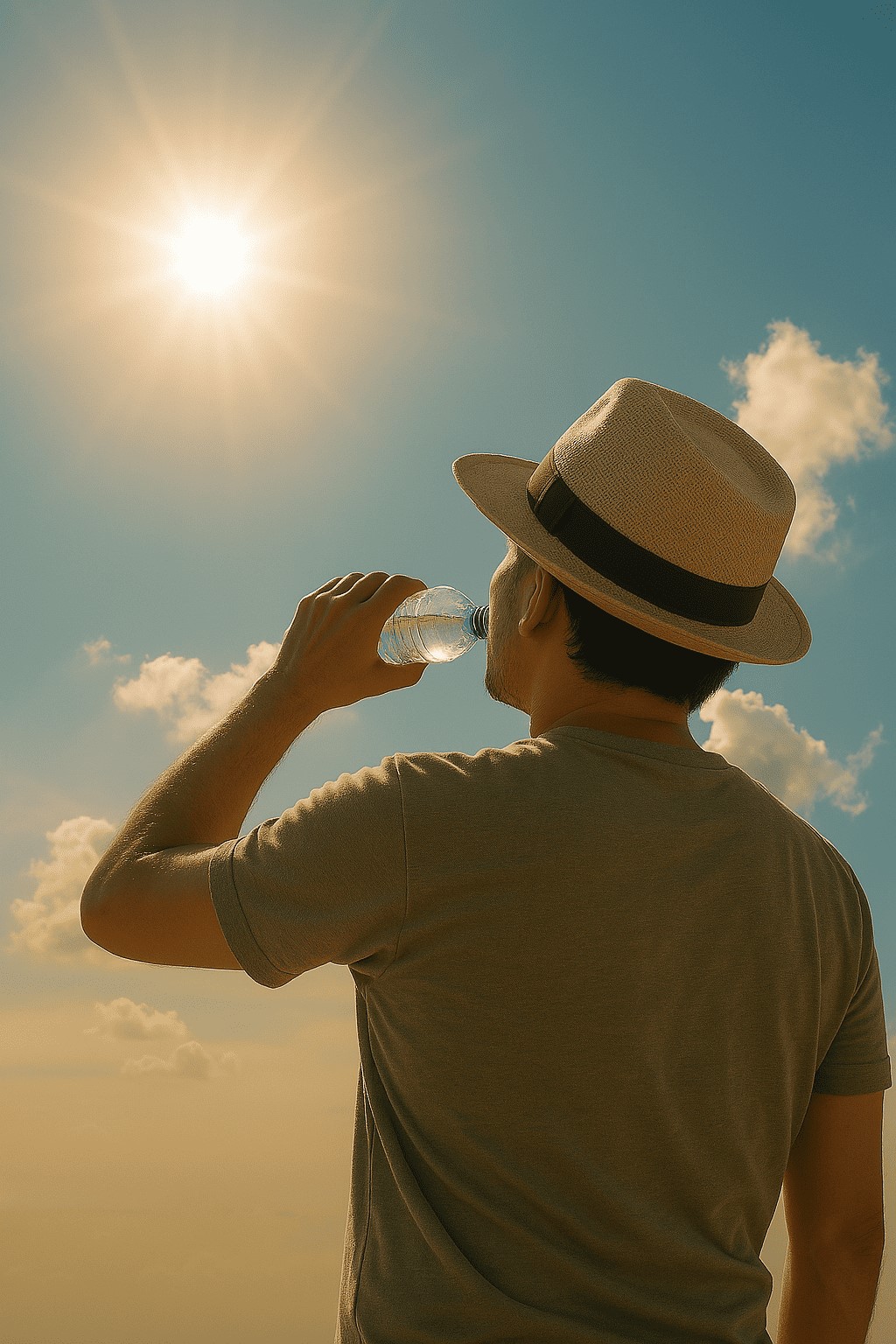 무더운 태양 아래에서 모자를 쓰고 물을 마시는 사람
