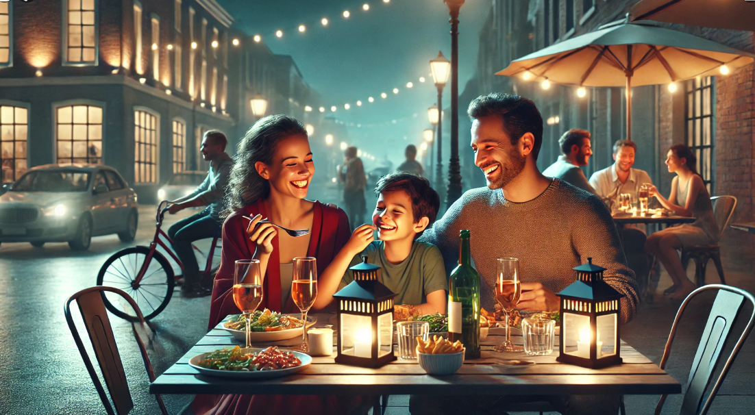 늦은 저녁 가족이 밖에서 외식하고 있는 사진