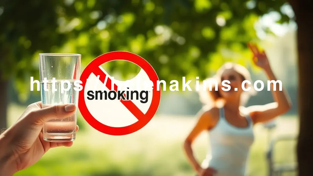 맑고 상쾌한 분위기 속에서 한 손은 깨끗한 물잔을 들고 있고, 다른 손은 담배에 '금지' 표시를 하고 있다. 배경에는 신선한 공기를 마시며 가볍게 운동하는 사람의 행복한 모습.