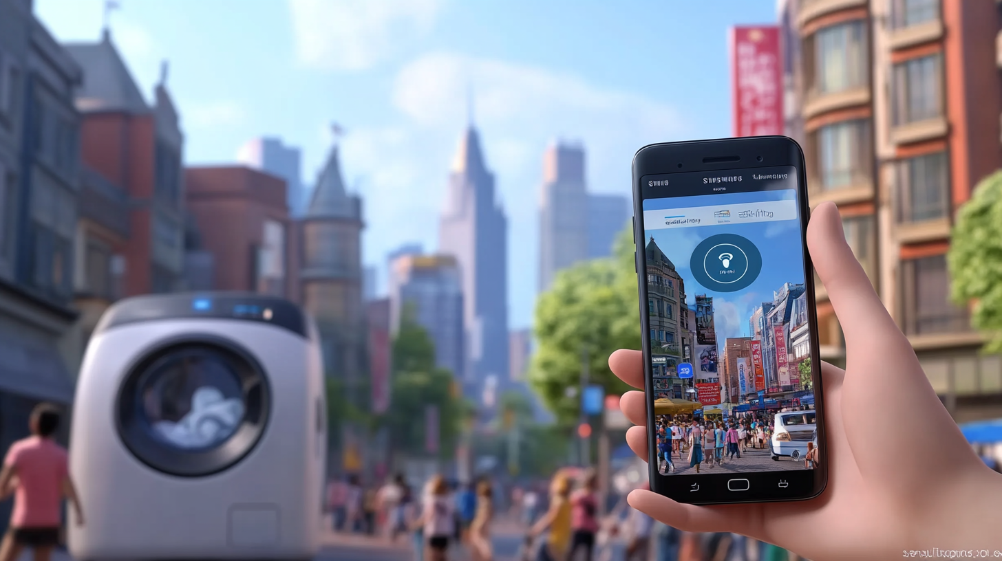 북적이는 도시 경관을 배경으로 스마트싱스 앱을 통해 삼성 WF2522HDEEA를 제어하는 스마트폰의 창의적인 이미지.