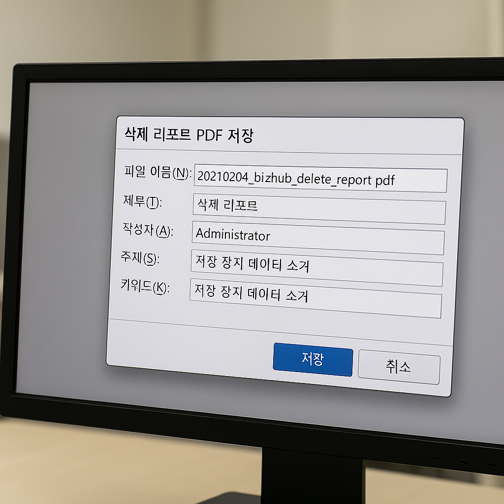 모니터에 표시된 삭제 리포트 PDF 저장 화면과 저장 파일명 예시