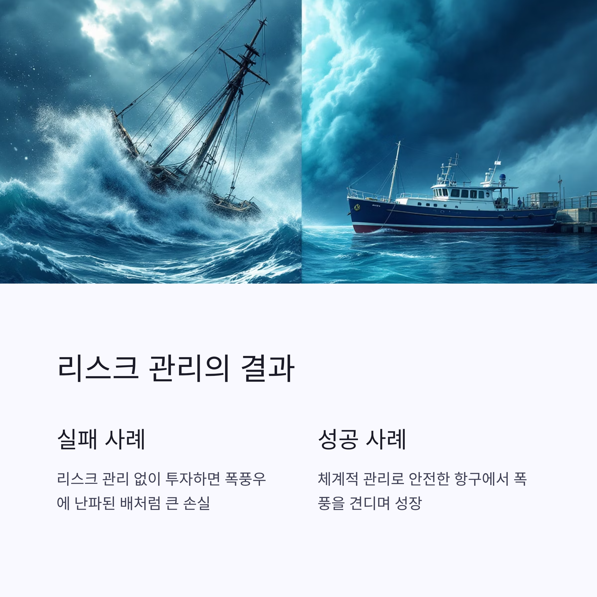 리스크 관리 성공 사례와 실패 사례를 비교하는 상징적 이미지