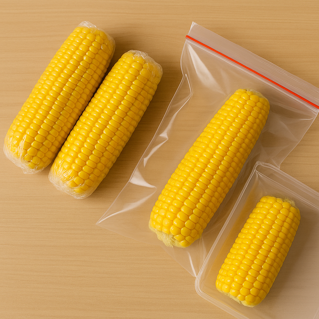 삶은 옥수수를 랩으로 포장하거나 지퍼백에 담아 냉동 보관하려는 모습
