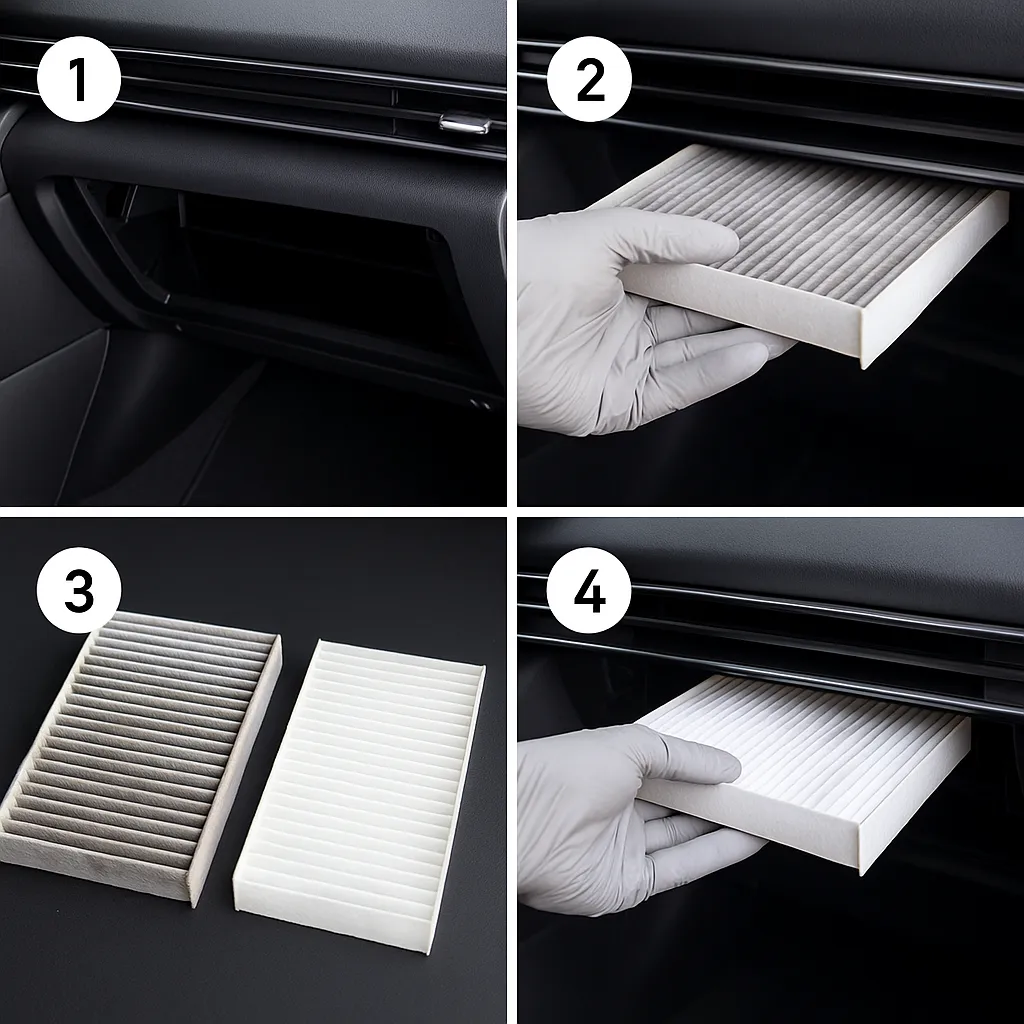 에어컨 필터 교체 과정을 단계별로 보여주는 4분할 이미지