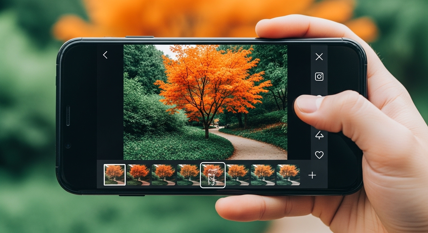 화담숲의 단풍 사진을 보정 앱으로 편집하는 손의 모습, 보정 필터가 적용된 화면이 보인다