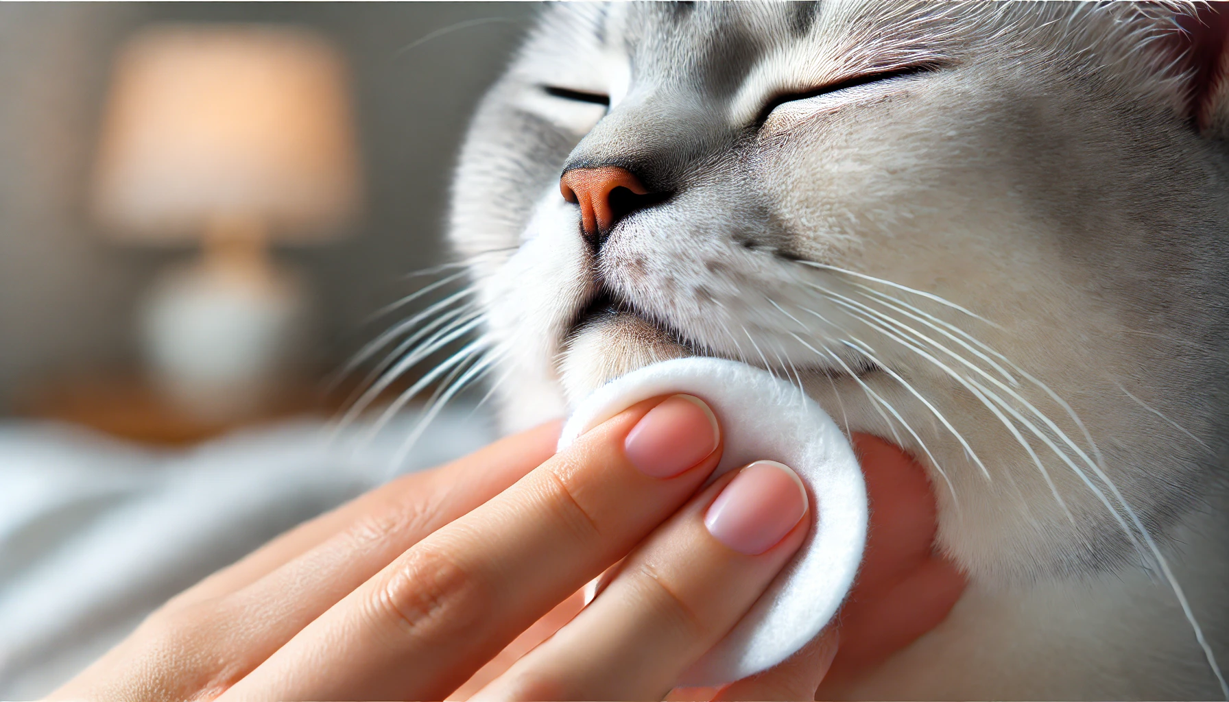 고양이의 턱에 난 턱드름을 닦아주는 장면.