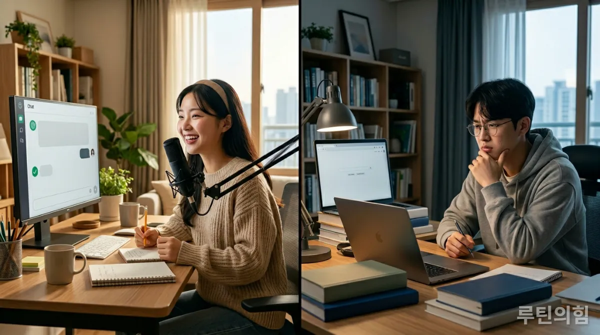 ChatGPT 영어 회화의 장점과 단점을 시각적으로 보여주는 분할 이미지