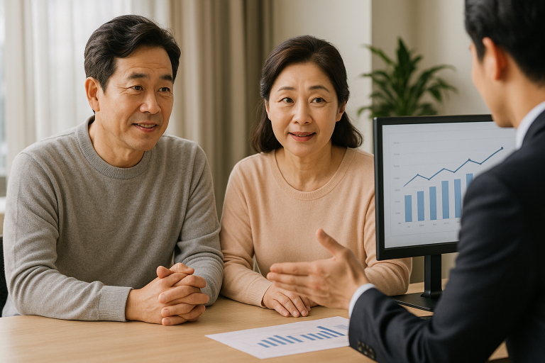 50~60대 부부가 함께 모니터를 보며 재무계획 상담받는 장면