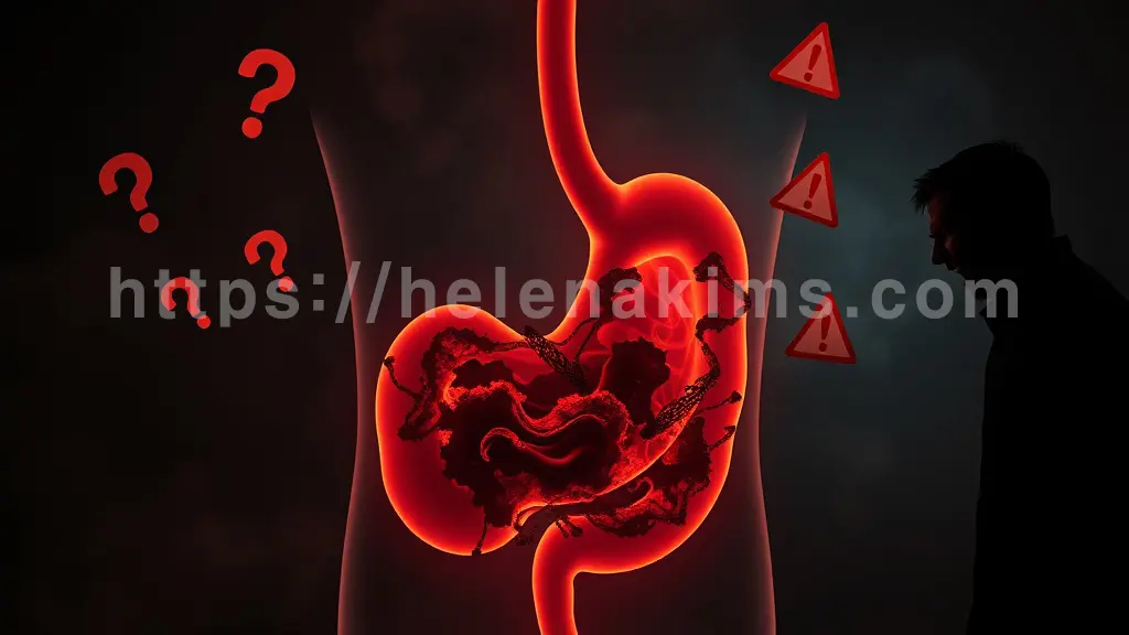 중앙에 인체 위장과 식도 실루엣이 있고, 위장 내부에는 부패된 음식 찌꺼기와 검은 연기가 뒤섞여 썩은 냄새를 암시하고, 위장 주변으로는 물음표와 붉은색 경고 신호 아이콘들이 떠다니고, 한쪽에는 고통스럽게 미간을 찌푸린 사람의 실루엣이 있는 이미지.