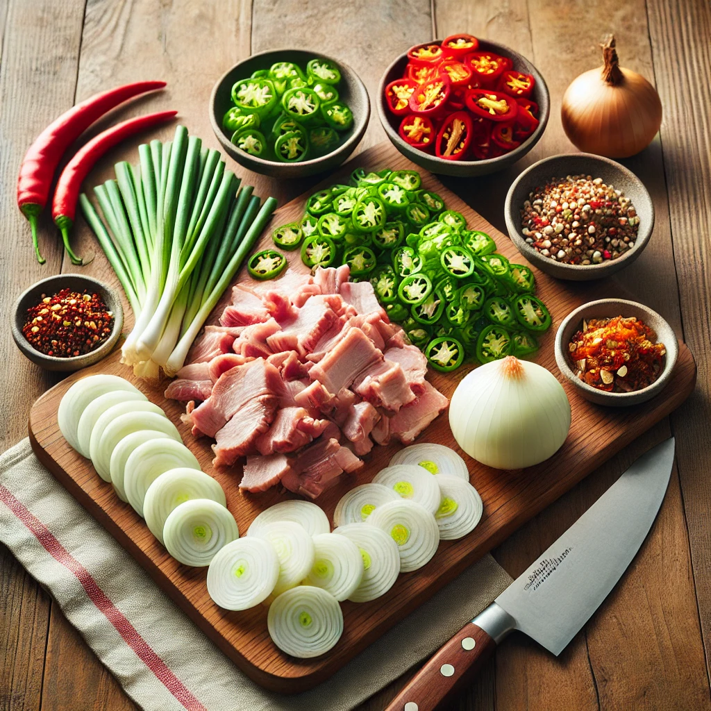 ✨ 재료 준비 ✨
돼지고기 앞다리살 600g
양파 1개, 대파 1대, 청양고추 2개
다진 마늘 2큰술, 생강 약간
고춧가루 2큰술, 고추장 2큰술
간장 3큰술, 설탕 1큰술, 올리고당 1큰술
참기름 1큰술, 후추 약간, 깨소금 약간