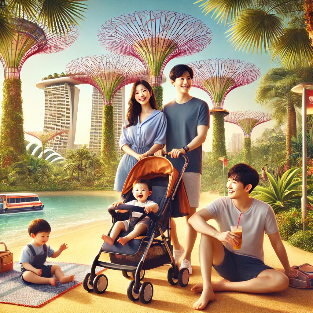 유모차를 끌며 여행 중인 가족의 모습