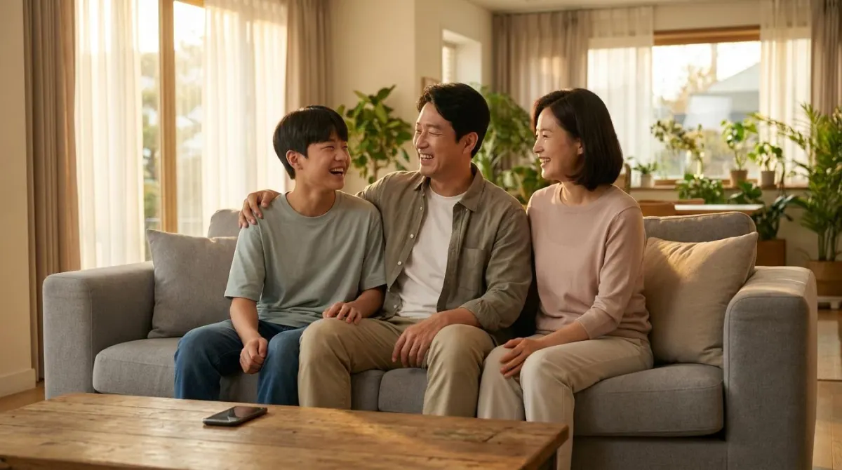 챗GPT 소통법을 통해 갈등을 해소하고 거실에서 서로를 바라보며 환하게 웃고 있는 한국인 부모와 사춘기 아들의 행복한 모습