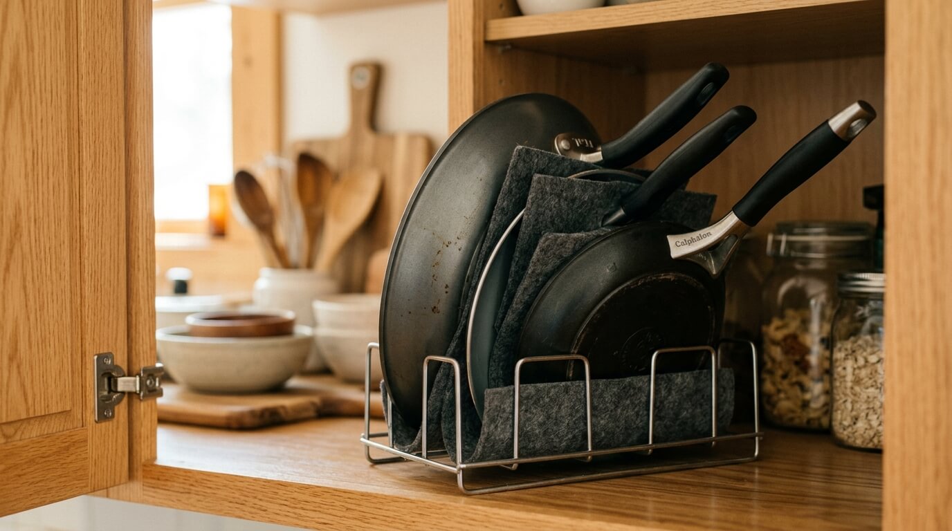 코팅 프라이팬을 펠트 보호대 사이에 끼워 보관하는 올바른 수납 방법